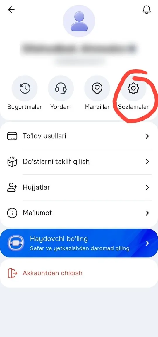 Profil ekrani, «Sozlamalar» tugmasi belgilangan